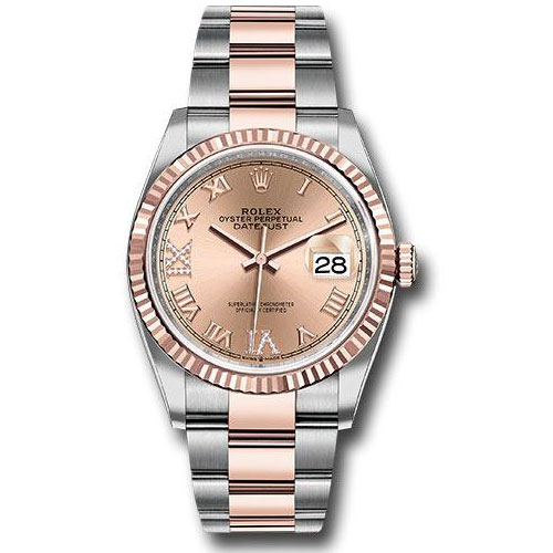 Rolex Steel and Everose Rolesor Datejust 36 Watch - Fluted Bezel - Rose Roman Dial - Oyster Bracelet - 126231 rdr69o