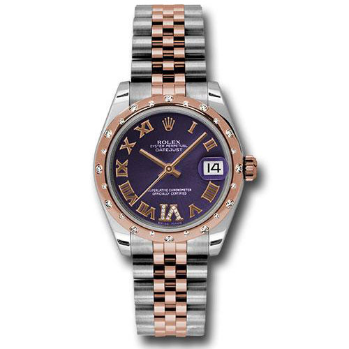 Rolex Steel and Everose Gold Datejust 31 Watch - 24 Diamond Bezel - Purple Diamond Roman Vi Roman Dial - Jubilee Bracelet - 178341 pdrj