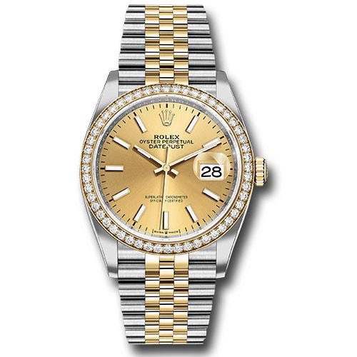Rolex Steel and Yellow Gold Rolesor Datejust 36 Watch - Yellow Diamond Bezel - Champagne Index Dial - Jubilee Bracelet - 126283RBR chij