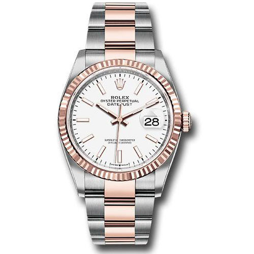 Rolex Steel and Everose Rolesor Datejust 36 Watch - Fluted Bezel - White Index Dial - Oyster Bracelet - 126231 wio