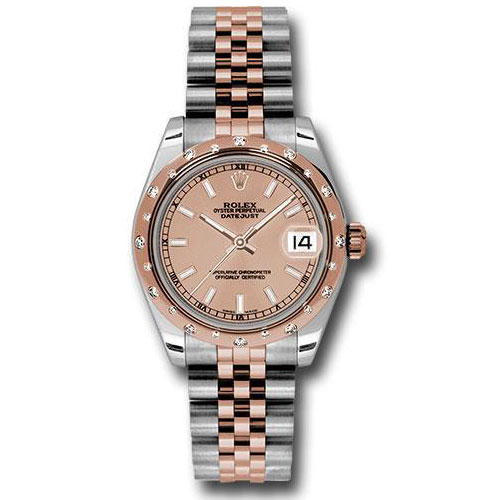 Rolex Steel and Everose Gold Datejust 31 Watch - 24 Diamond Bezel - Pink Index Dial - Jubilee Bracelet - 178341 pij