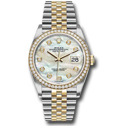Rolex Steel and Yellow Gold Rolesor Datejust 36 Watch - Yellow Diamond Bezel - White Mother-Of-Pearl Diamond Dial - Jubilee Bracelet - 126283RBR mdj