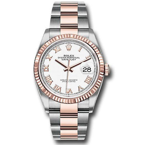 Rolex Steel and Everose Rolesor Datejust 36 Watch - Fluted Bezel - White Roman Dial - Oyster Bracelet - 126231 wro