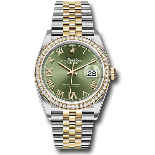 Rolex Steel and Yellow Gold Rolesor Datejust 36 Watch - Yellow Diamond Bezel - Olive Green Roman Dial - Jubilee Bracelet - 126283RBR ogdr69j