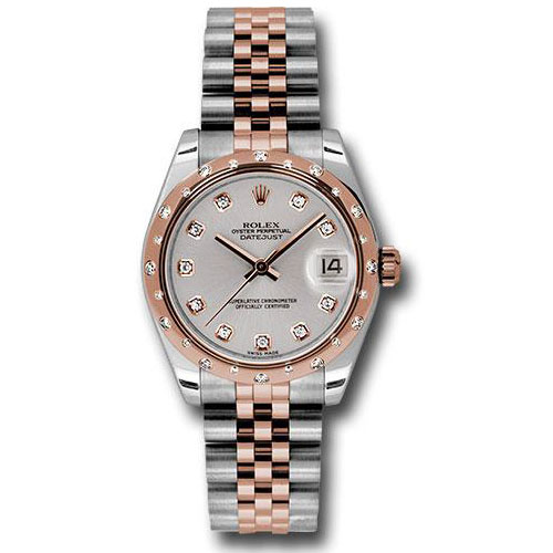 Rolex Steel and Everose Gold Datejust 31 Watch - 24 Diamond Bezel - Silver Diamond Dial - Jubilee Bracelet - 178341 sdj