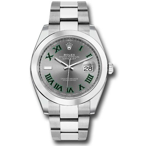 Rolex Steel Datejust 41 Watch - Smooth Bezel - Slate Green Roman Dial - Oyster Bracelet - 126300 slgro