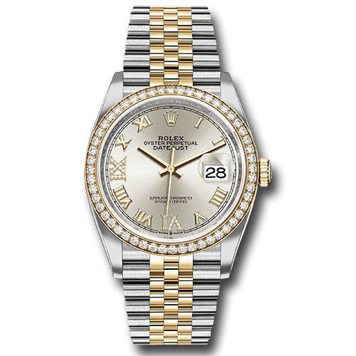 Rolex Steel and Yellow Gold Rolesor Datejust 36 Watch - Yellow Diamond Bezel - Silver Roman Dial - Jubilee Bracelet - 126283RBR sdr69j