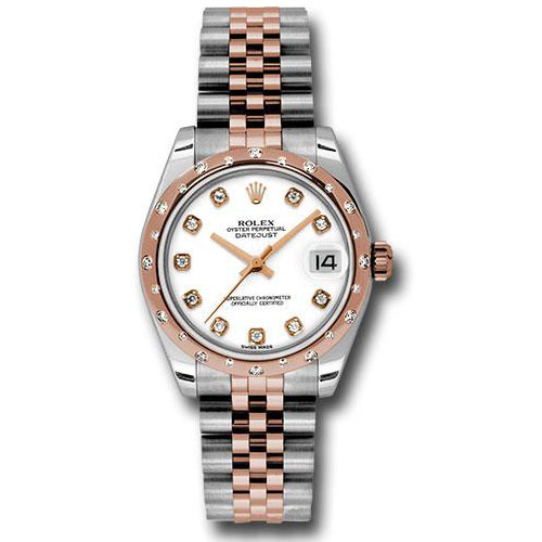 Rolex Steel and Everose Gold Datejust 31 Watch - 24 Diamond Bezel - White Diamond Dial - Jubilee Bracelet - 178341 wdj