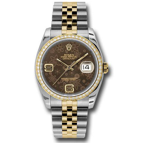 Rolex Steel and Yellow Gold Rolesor Datejust 36 Watch - 52 Brilliant-Cut Diamond Bezel - Brown Floral Arabic Dial - Jubilee Bracelet - 116243 brfaj