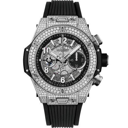 Hublot Big Bang Unico Titanium Pave Watch - 44 mm - White Dial - Black Rubber Strap-421.NX.1170.RX.1704