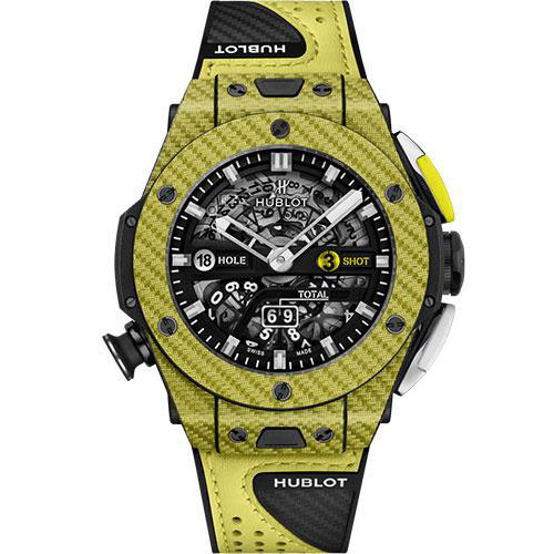 Hublot Big Bang Unico Golf Yellow Carbon Watch - 45 mm - Black Skeleton Dial - Black Rubber With Carbon Fiber Texture Decor and Yellow Calf Leather Strap Limited Edition of 100-416.YY.1120.VR