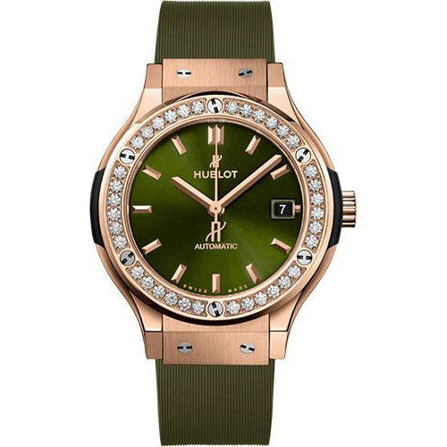 Hublot Classic Fusion King Gold Green Diamonds Watch - 38 mm - Green Dial - Green Lined Rubber Strap-565.OX.8980.RX.1204