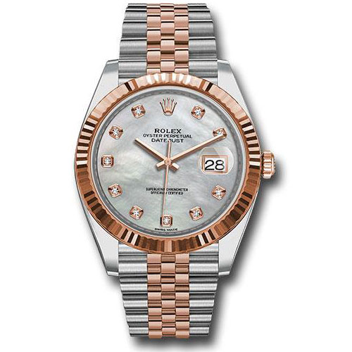 Rolex Steel and Everose Rolesor Datejust 41 Watch - Fluted Bezel - Mother-Of-Pearl Diamond Dial - Jubilee Bracelet - 126331 mdj