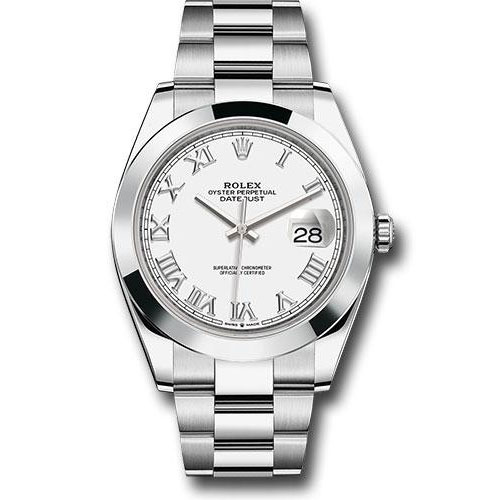 Rolex Steel Datejust 41 Watch - Smooth Bezel - White Roman Dial - Oyster Bracelet - 126300 wro
