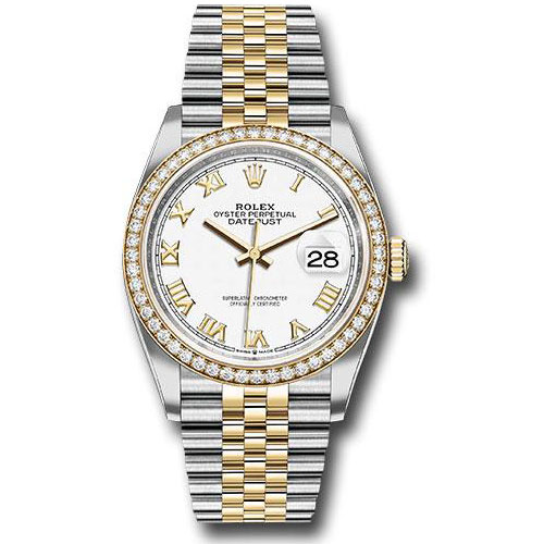 Rolex Steel and Yellow Gold Rolesor Datejust 36 Watch - Yellow Diamond Bezel - White Roman Dial - Jubilee Bracelet - 126283RBR wrj