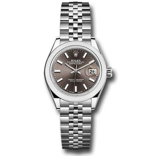 Rolex Steel Lady-Datejust 28 Watch - Domed Bezel - Dark Grey Index Dial - Jubilee Bracelet - 279160 dgij
