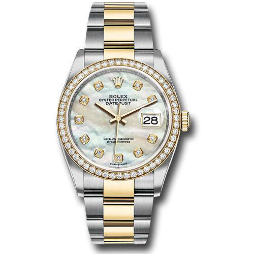Rolex Steel and Yellow Gold Rolesor Datejust 36 Watch - Diamond Bezel - White Mother-Of-Pearl Diamond Dial - Oyster Bracelet - 126283RBR mdo