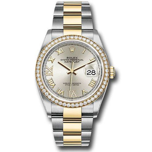 Rolex Steel and Yellow Gold Rolesor Datejust 36 Watch - Diamond Bezel - Silver Roman Dial - Oyster Bracelet - 126283RBR sdr69o