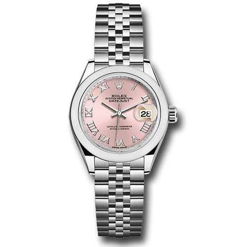 Rolex Steel Lady-Datejust 28 Watch - Domed Bezel - Pink Roman Dial - Jubilee Bracelet - 279160 prj
