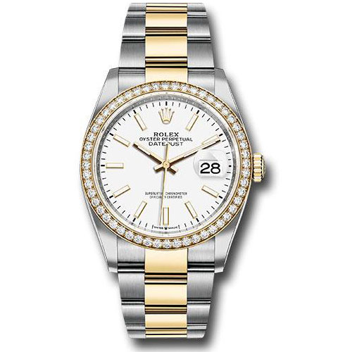 Rolex Steel and Yellow Gold Rolesor Datejust 36 Watch - Diamond Bezel - White Index Dial - Oyster Bracelet - 126283RBR wio