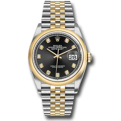 Rolex Steel and Yellow Gold Rolesor Datejust 36 Watch - Domed Bezel - Black Diamond Dial - Jubilee Bracelet - 126203 bkdj