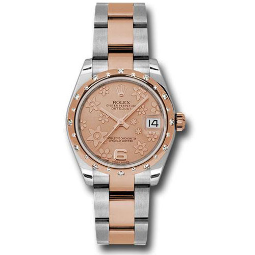 Rolex Steel and Everose Gold Datejust 31 Watch - 24 Diamond Bezel - Pink Champagne Floral Motif Dial - Oyster Bracelet - 178341 pchfo