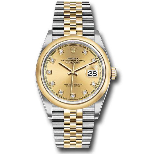 Rolex Steel and Yellow Gold Rolesor Datejust 36 Watch - Domed Bezel - Champagne Diamond Dial - Jubilee Bracelet - 126203 chdj