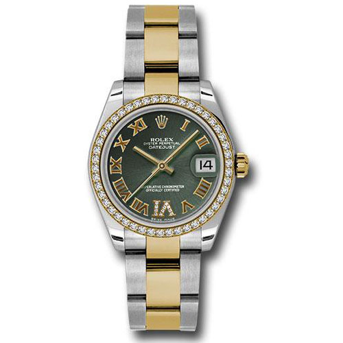 Rolex Steel and Yellow Gold Datejust 31 Watch - 46 Diamond Bezel - Olive Green Diamond Roman Vi Roman Dial - Oyster Bracelet - 178383 ogdro