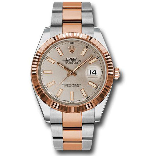 Rolex Steel and Everose Rolesor Datejust 41 Watch - Fluted Bezel - Sundust Index Dial - Oyster Bracelet - 126331 suio