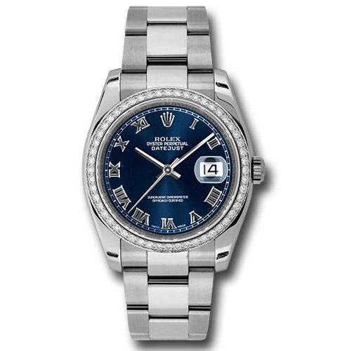 Rolex Steel and White Gold Datejust 36 Watch - 52 Diamond Bezel - Blue Roman Dial - Oyster Bracelet - 116244 blro