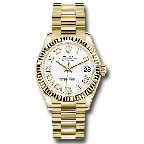 Rolex Yellow Gold Datejust 31 Watch - Fluted Bezel - White Roman Dial - President Bracelet - 278278 wrp