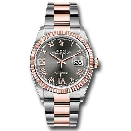 Rolex Steel and Everose Rolesor Datejust 36 Watch - Fluted Bezel - Dark Rhodium Roman Dial - Oyster Bracelet - 126231 dkrdr69o