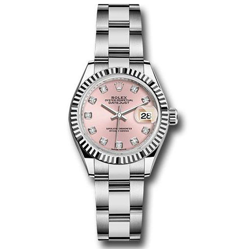 Rolex Steel and White Gold Rolesor Lady-Datejust 28 Watch - Fluted Bezel - Pink Diamond Dial - Oyster Bracelet - 279174 pdo