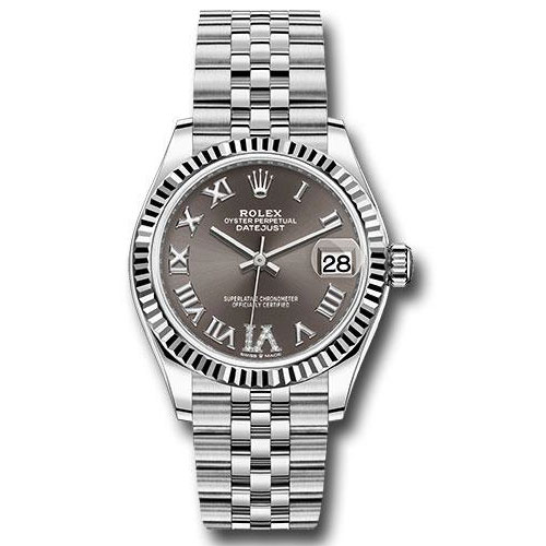 Rolex Steel and White Gold Datejust 31 Watch - Fluted Bezel - Dark Grey Roman Diamond 6 Dial - Jubilee Bracelet - 278274 dkgdr6j