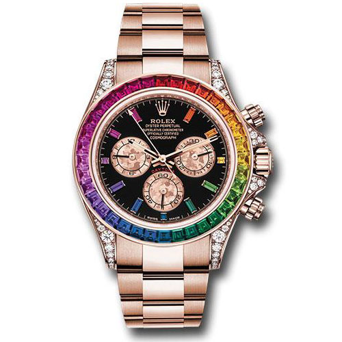 Rolex Everose Cosmograph Daytona 40 Watch - 36 Baguette-Cut Sapphires In Rainbow Graduation Bezel - Black Rainbow Sapphire Dial - 116595RBOW bkgcs
