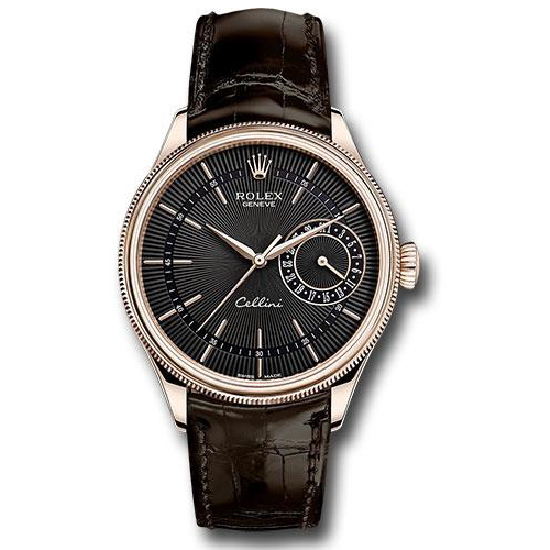 Rolex Cellini Date Watch - Everose - Black Dial - Brown Leather Strap - 50515 bkbr