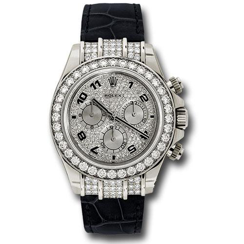 Rolex White Gold Cosmograph Daytona 40 Watch - Pave Diamond Enamel Arabic Dial - Black Leather Strap - 116599RBR