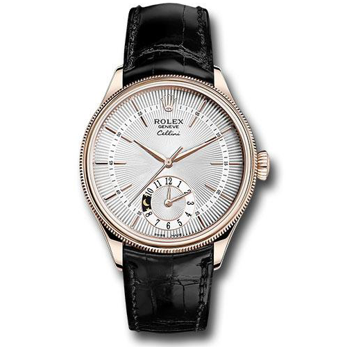 Rolex Cellini Dual Time Watch - Everose - Silver Dial - Black Leather Strap - 50525 sbk