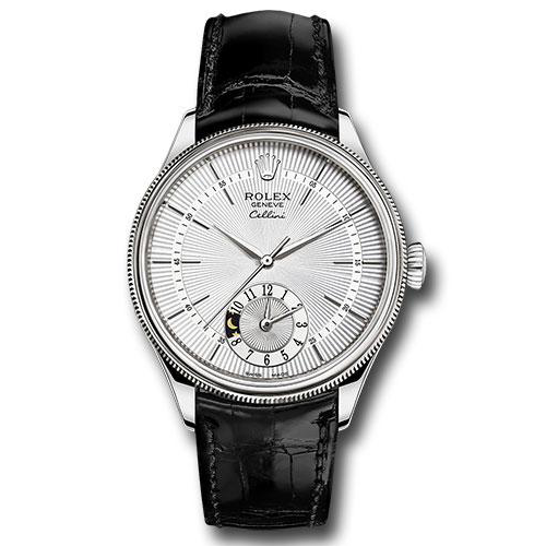 Rolex Cellini Dual Time Watch - White Gold - Silver Dial - Black Leather Strap - 50529 sbk