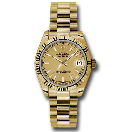 Rolex Yellow Gold Datejust 31 Watch - Fluted Bezel - Champagne Index Dial - President Bracelet - 178278 chip