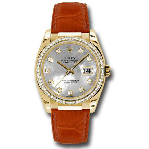Rolex Yellow Gold Datejust 36 Watch - 60 Diamond Bezel - Mother-Of-Pearl Diamond Dial - Leather - 116188 md