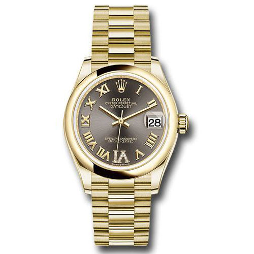 Rolex Yellow Gold Datejust 31 Watch - Domed Bezel - Dark Grey Diamond Six Dial - President Bracelet - 278248 dkgdr6p