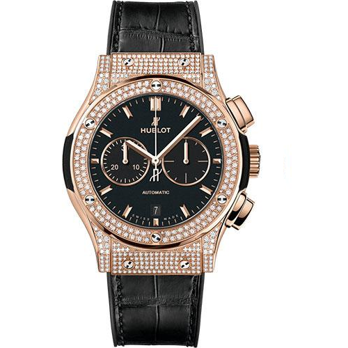 Hublot Classic Fusion Chronograph King Gold Pave Watch - 42 mm - Black Dial - Black Rubber and Leather Strap-541.OX.1181.LR.1704