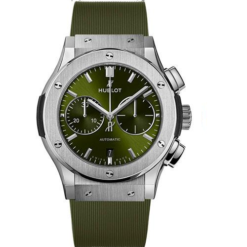 Hublot Classic Fusion Chronograph Titanium Green Watch - 45 mm - Green Dial - Green Lined Rubber Strap-521.NX.8970.RX