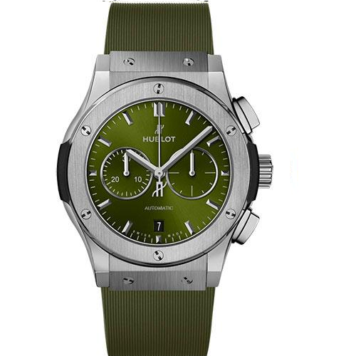 Hublot Classic Fusion Chronograph Titanium Green Watch - 42 mm - Green Dial - Green Lined Rubber Strap-541.NX.8970.RX