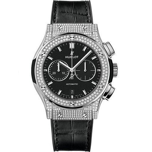 Hublot Classic Fusion Chronograph Titanium Pave Watch - 42 mm - Black Dial - Black Rubber and Leather Strap-541.NX.1171.LR.1704