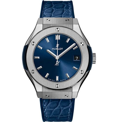 Hublot Classic Fusion Titanium Blue Watch - 33 mm - Blue Dial - Blue Rubber and Leather Strap-581.NX.7170.LR