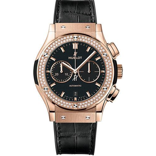 Hublot Classic Fusion Chronograph King Gold Diamonds Watch - 42 mm - Black Dial - Black Rubber and Leather Strap-541.OX.1181.LR.1104