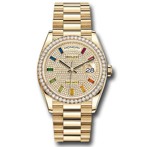 Rolex Yellow Gold Day-Date 36 Watch - Diamond Bezel - Diamond-Paved Rainbow Sapphire Dial - President Bracelet - 128348RBR dprsp