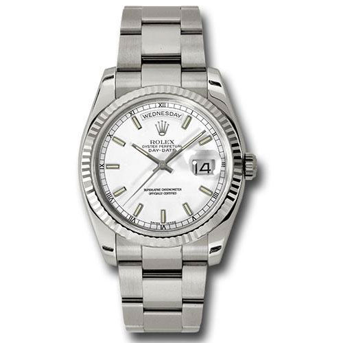 Rolex White Gold Day-Date 36 Watch - Fluted Bezel - White Index Dial - Oyster Bracelet - 118239 wso